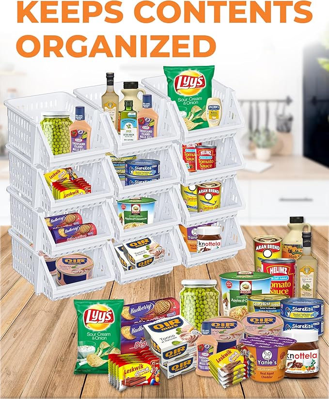 Small Stackable Storage Bins Open Front for Pantry Storage, 12 Pack - White | Sturdy Plastic, Easy Stacking, Open Front Access, Ventilated Sides, Vertical & Space Saving Pantry Organizers and Storage Bin