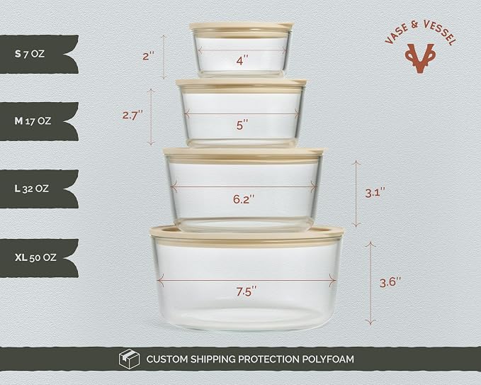 Vase and Vessel Non-Toxic Glass Storage Container Set, Borosilicate Glass, Tempered Glass Lids, Baking Pan, Airtight with Vents, Microwave, Oven & Dishwasher Safe (Circular, Set of 4)