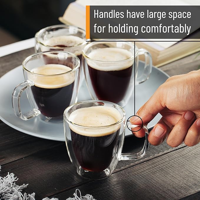 BTaT- Double Walled Glass Coffee Mugs, 16 oz, Set of 4, Glass Coffee Cups with Handle, Insulated Clear Coffee Mug for Hot and Cold Beverages, Cappuccino, Latte, Tea, Americano, Microwave Safe