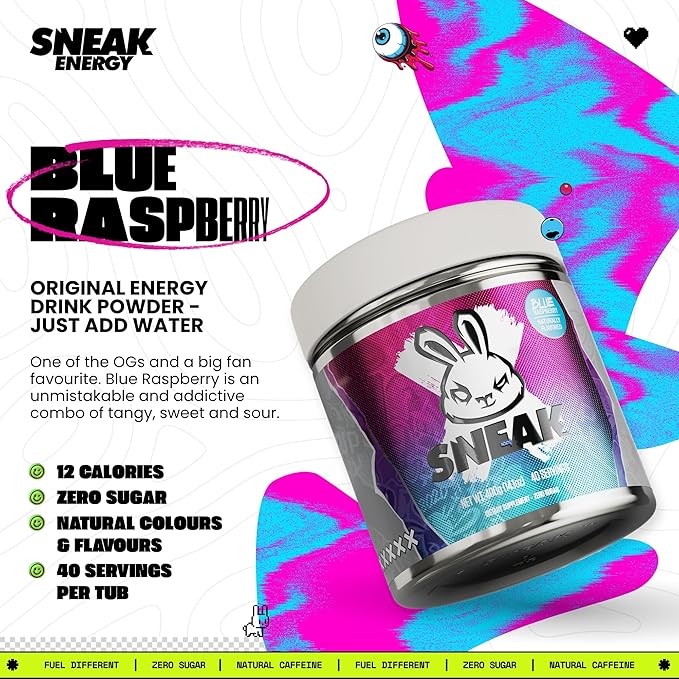 SNEAK Energy Drink Powder | Blue Raspberry | No Sugar. No Nasties. Just Natural Caffeine, Focus-Boosting Nootropics | 40 Servings