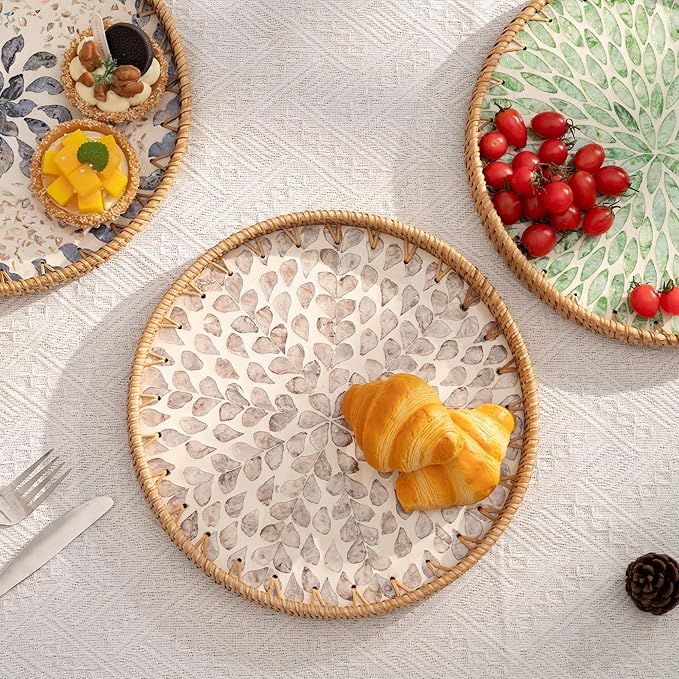 StorageWorks Decorative Coffee Table Trays for Home Decor, Round Rattan Tray with Mother of Pearl Inlay, Small Wicker Woven Serving Tray Decor for Kitchen Counter, Living Room and Ottoman, Yellow