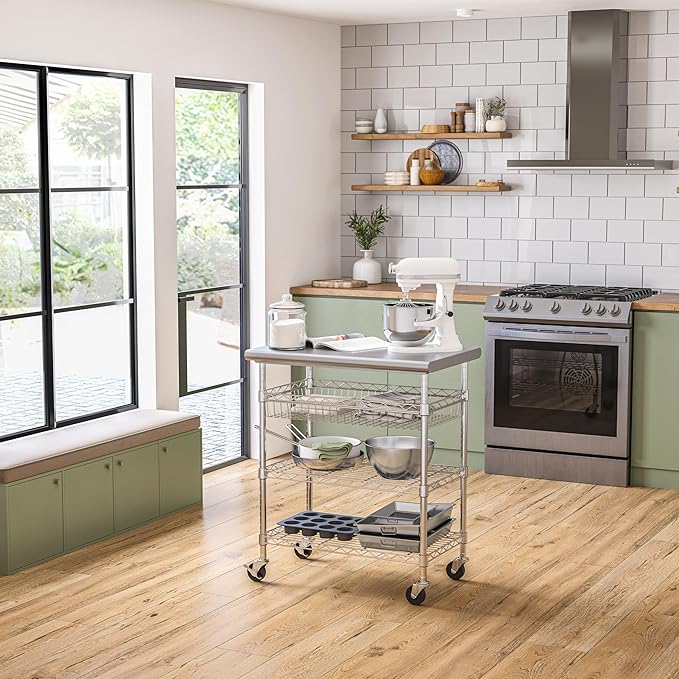 Seville Classics Commercial Work Table Island Utility Cart Prep Station, for Restaurant, Kitchen, Warehouse, Garage, Hotel, Home, Stainless-Steel Top NSF , 30" W x 20" D