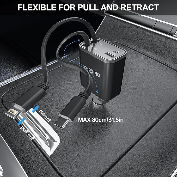 Flexino Retractable Car Charger for iPhone 16, 69W Fast Charging Car Charger USB C, Car Chargers with 2 Retractable Cords 2.6ft, Car Adapter for iPhone 16/15 Series, Galaxy(Grey, Dual Type C)