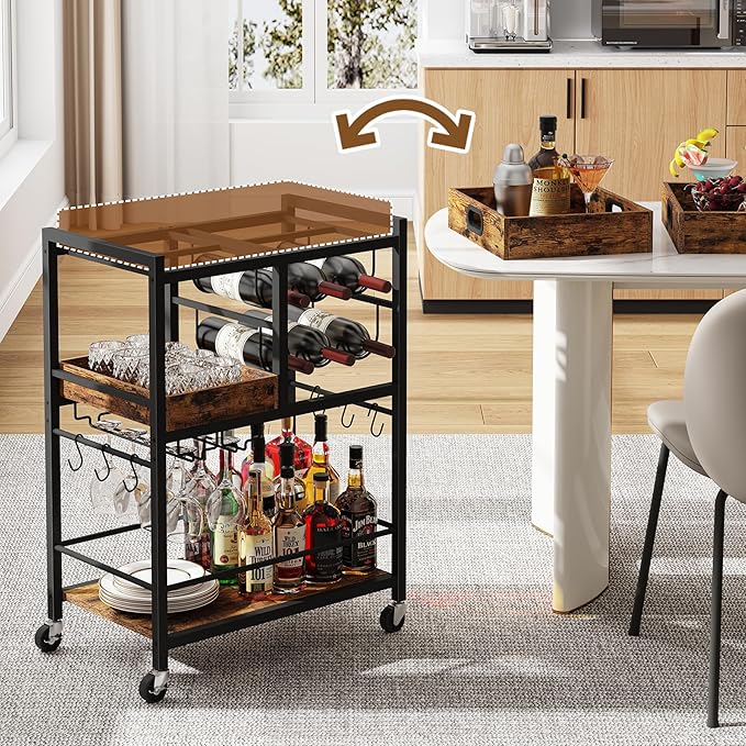 TUTOTAK Bar Cart, Home Bar Serving Cart, 3-Tier Kitchen Cart on Wheels, Rolling Beverage Cart with Wine Rack and Glass Holder, Brown BC01BB037