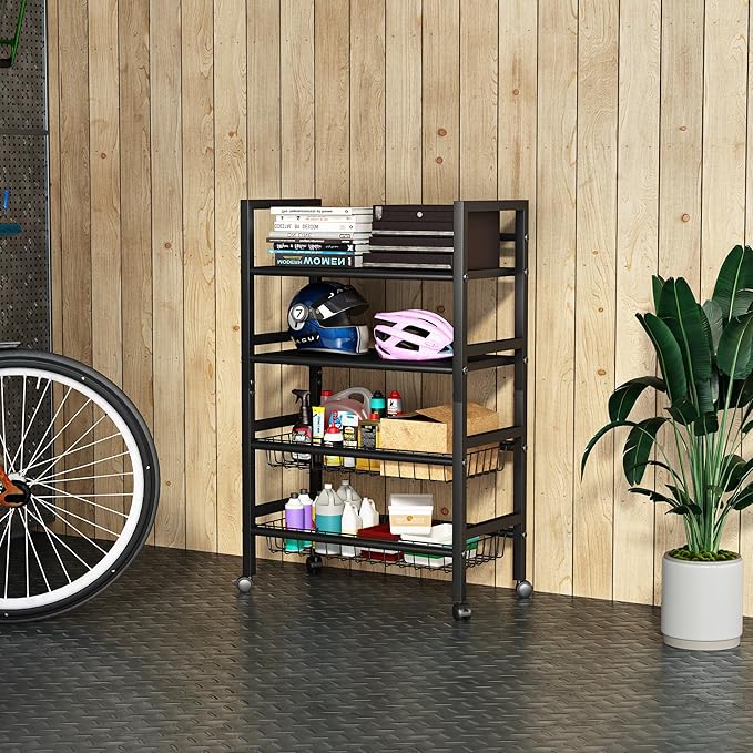4-Tier Metal Rolling Cart with Removable Grid Shelves, Lockable Wheels & Handle for Kitchen, Bathroom, Office Storage, Black (Medium)