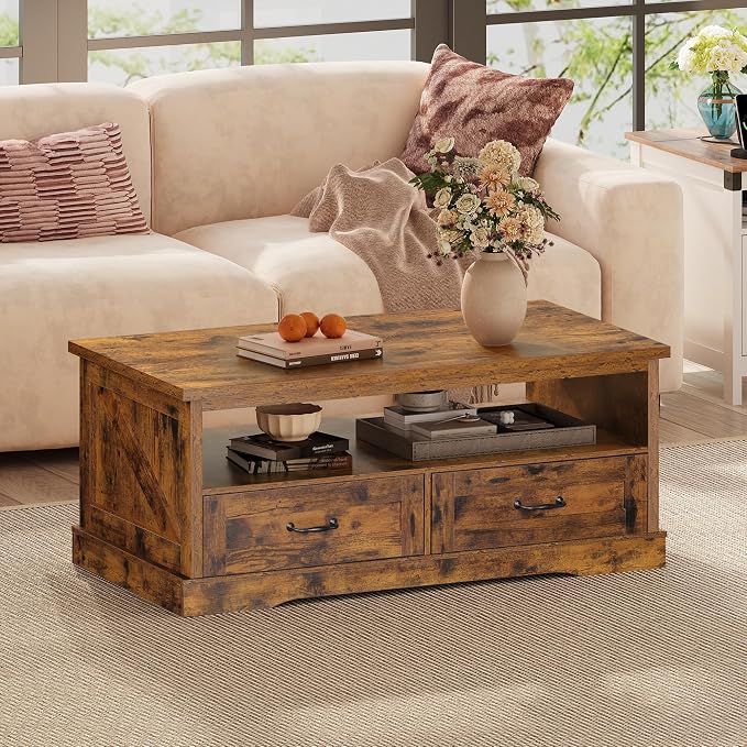 WLIVE Coffee Table for Living Room, 43" Framhouse Coffee Table with 2 Storage Drawers, Modern Center Table with Open Display Area, Elegant Curved Base, Rustic Brown