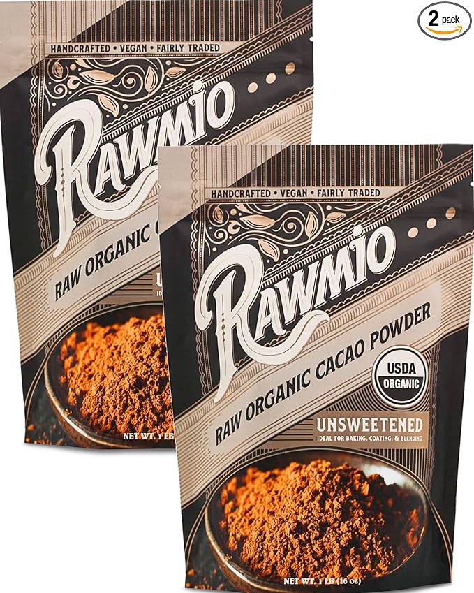 Rawmio Raw Organic Cacao Powder - Nutrient-Dense with Dietary Fiber, Iron, & Calcium - Rich & Creamy Raw Cacao for Drinking or Baking - Organic Cocoa Powder Alternative - 16 oz, Pack of 2