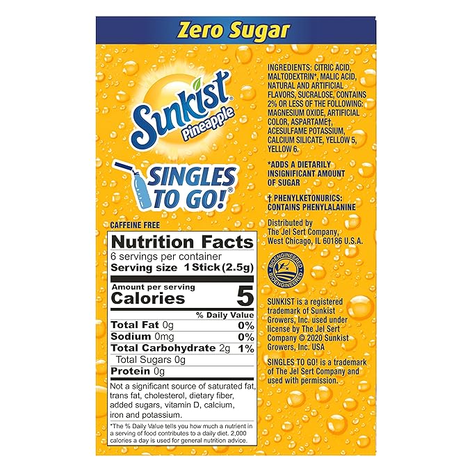 Sunkist Singles-To-Go Drink Mix, Pineapple, Non-Carbonated, Low-Calorie, Zero Sugar, 6 CT in each box (Pack of 6)