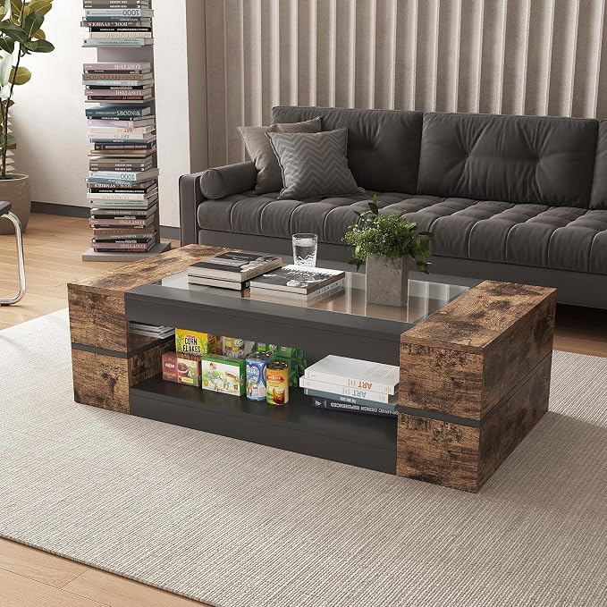 HedoAjim 47.2" Modern Stylish Coffee Table with Glass Table Top, Large Living Room Table Rectangular 2-Tier Center Tables with Storage, Wood Cocktail Tea Tables for Dining Reception Room (Rustic)