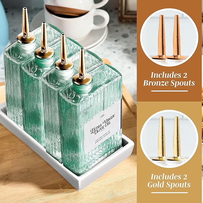 COOK WITH COLOR Olive Oil Dispenser Bottle - 4 Pk Glass Oil Dispenser for Kitchen - Condiment, Coffee Syrup & Vinegar Dispenser, Olive Oil Cruet, Includes 8 Auto Pourer Spouts