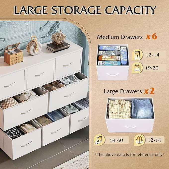 WLIVE 8 Drawer Dresser for Bedroom, Fabric White Dresser with Large Storage Drawer Unit for Entryway, Chest of Drawers for Living Room