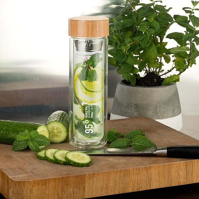 95° Double-Wall Glass Tea Bottle with Removable Stainless Steel Infuser - BPA and BPS Free, Insulated and Leakproof Travel Tumbler for Loose Leaf Tea, Coffee, Fruit - Eco-Friendly (15oz/450ml)