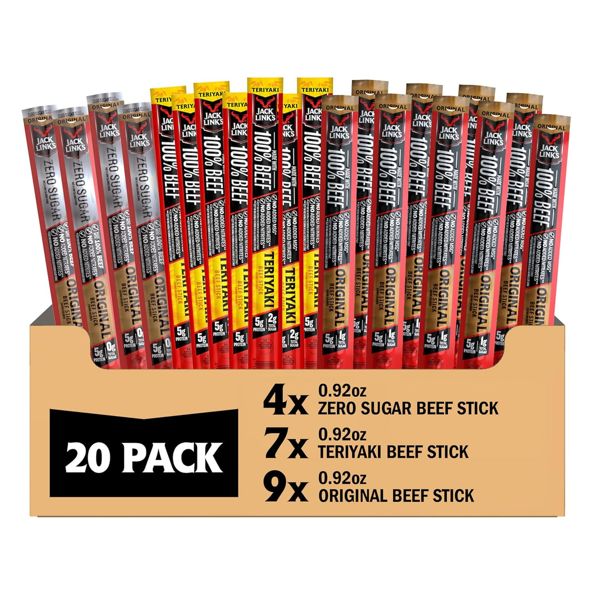 Jack Link's Beef Jerky Sticks Variety Pack - Original, Teriyaki & Zero Sugar - Made with 100% Real Beef - Ready to Eat Real Meat Protein Snacks - 5g Protein per Serving - (20 Pack) 0.92 oz