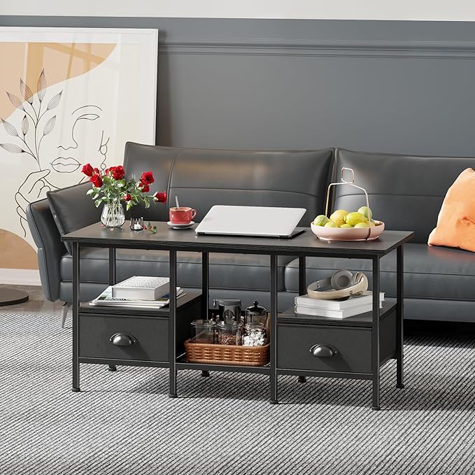 Furologee 35" Coffee Table with 2 Storage Drawers, Small Coffee Tables for Living Room, Modern Center Table with 2 Tier Shelf, Black