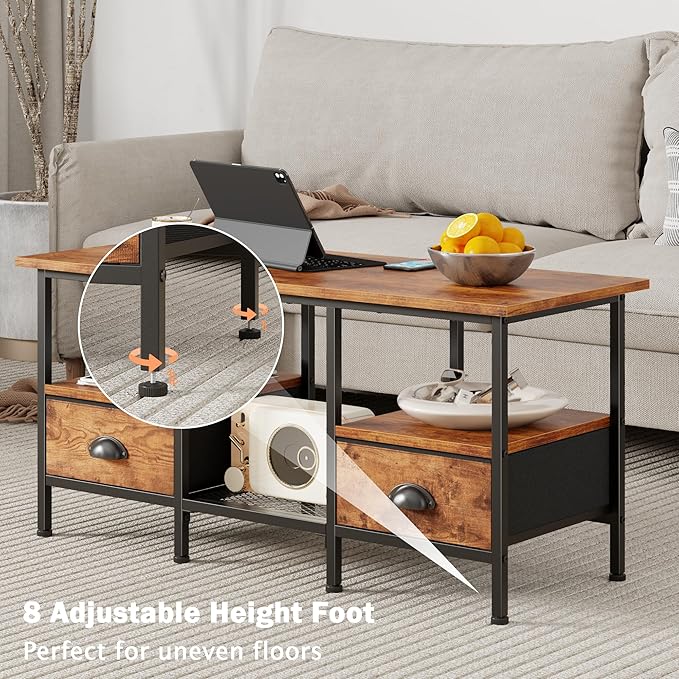 Furologee 35" Coffee Table with 2 Storage Drawers, Small Coffee Tables for Living Room, Industrial Center Table with 2 Tier Storage Shelf, Rustic Brown