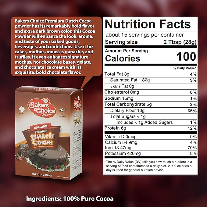 Dutch Cocoa Powder - Unsweetened Chocolate Powder- 15 Ounce - Dairy Free Kosher - Bakers Choice