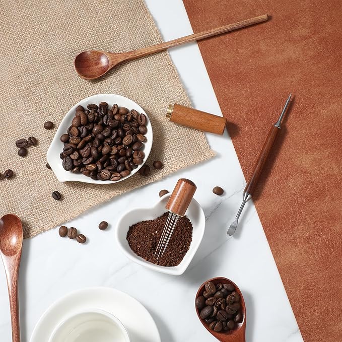Sibba Espresso Coffee Stirrer 6 Needles, Espresso WDT Tool Distribution Tool with Natural Wood Handle and Base, Coffee Stirrer Stainless Steel Latte Art Pen Barista Tools Coffees Machine Accessories