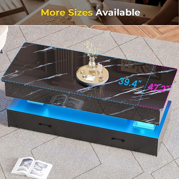 SEDETA 47.2" Lift Top Coffee Table, Coffee Tables with Storage for Living Room, 2 Drawers Coffee Table with Power Outlet & LED Light for Dining Reception Room, High Gloss Black Marble