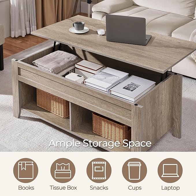 Yaheetech Lift Top Coffee Table, Coffee Table with Hidden Storage Compartment & Lower Shelf, 39.5in Center Table for Living Room, Office, Grey