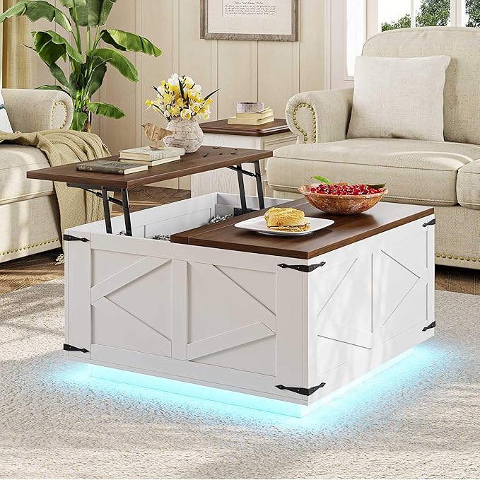 Farmhouse Lift Top Coffee Table, Square Wood Center Table with LED Lighting, USB-C Charging Station, and Hidden Storage Compartment - Rustic White & Oak Living Room Furniture