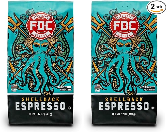 Fire Department Coffee - Gives Back to Firefighters - Shellback Espresso Ground Coffee - Bold & Smooth - Roasted in the USA - Dark Roast Espresso - Veteran Owned (12 oz, Pack of 2)