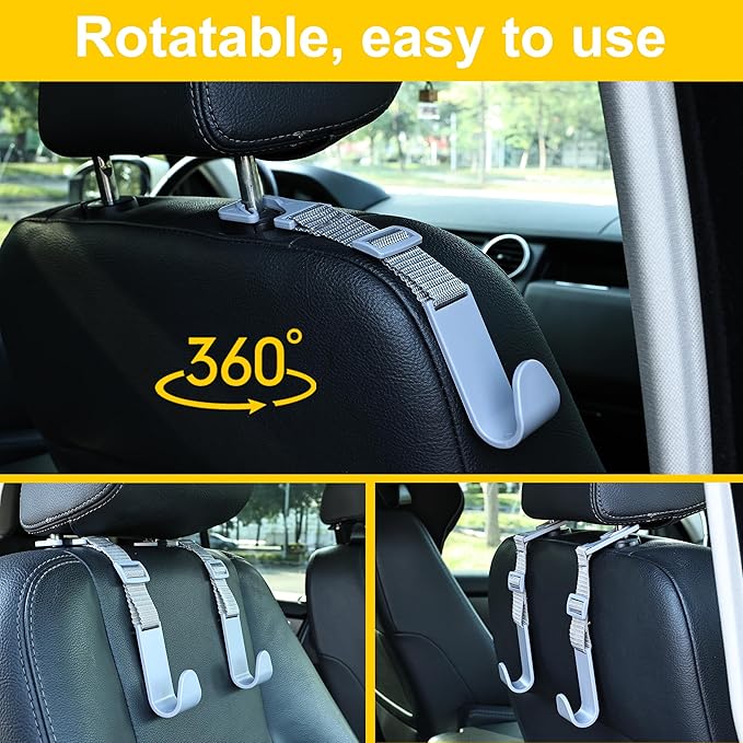 Amooca Headrest Hooks for Car Adjustable 4 Pack Vehicle Seat Back Organizer Storage Hanger Holder for Purse Bags Universal Fit Gray