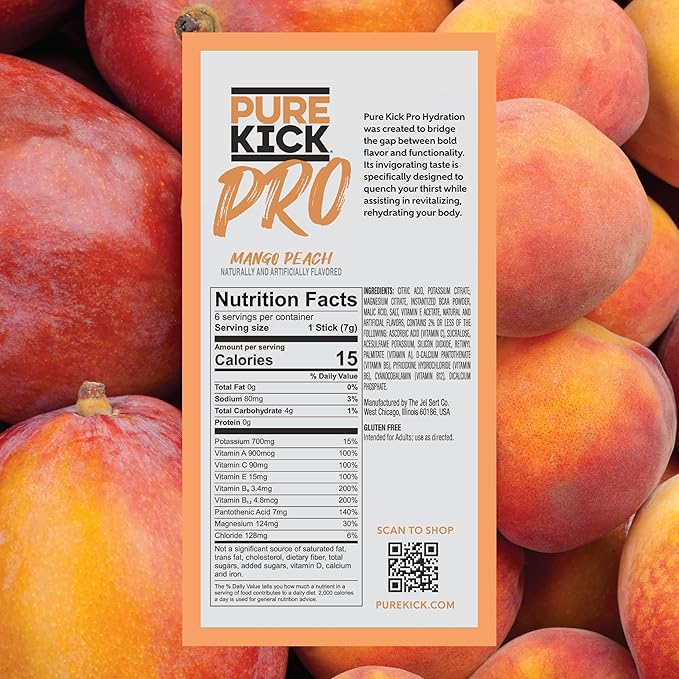 PURE KICK PRO Hydration Electrolyte Drink Mix, Peach Mango, Includes 1 Box with 6 Packets in Each Box