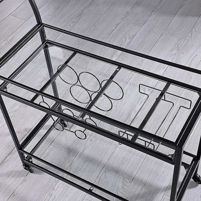 FirsTime & Co. Black Francesca Bar Cart, 2 Tier Mobile Mini Bar, Kitchen Serving Cart and Coffee Station with Storage for Wine and Glasses, Metal and Glass, Modern
