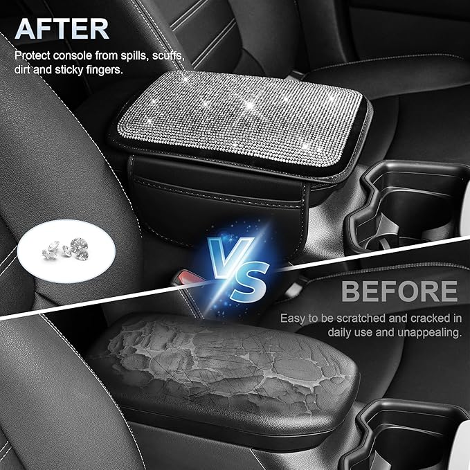 Center Console Cover for Lacrosse: Diamond Auto Middle Console Cover - Crystal Rhinestone Armrest Cover for Car with 2 Storage Bags,Anti-Scratch Auto Armrest Pad Accessory （Black
