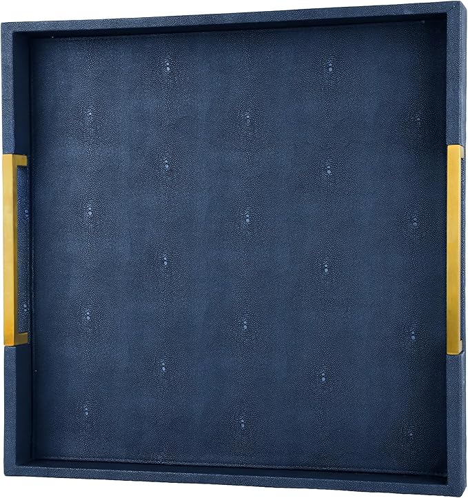 HofferRuffer Faux Leather Serving Tray with Gold Metal Handles, Stylish Decorative Tray Organizer for Coffee Table, Ottoman, Home Decor and Serving (Blue Shagreen, 18.9" x 18.9" x 2")