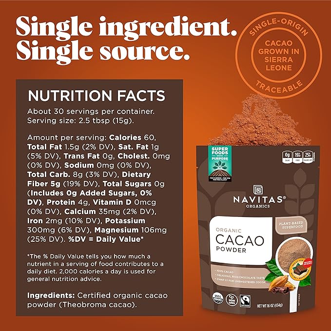 Navitas Organics Cacao Powder, 16 oz. Bags (Pack of 2) — Organic, Non-GMO, Fair Trade, Gluten-Free (19-002)