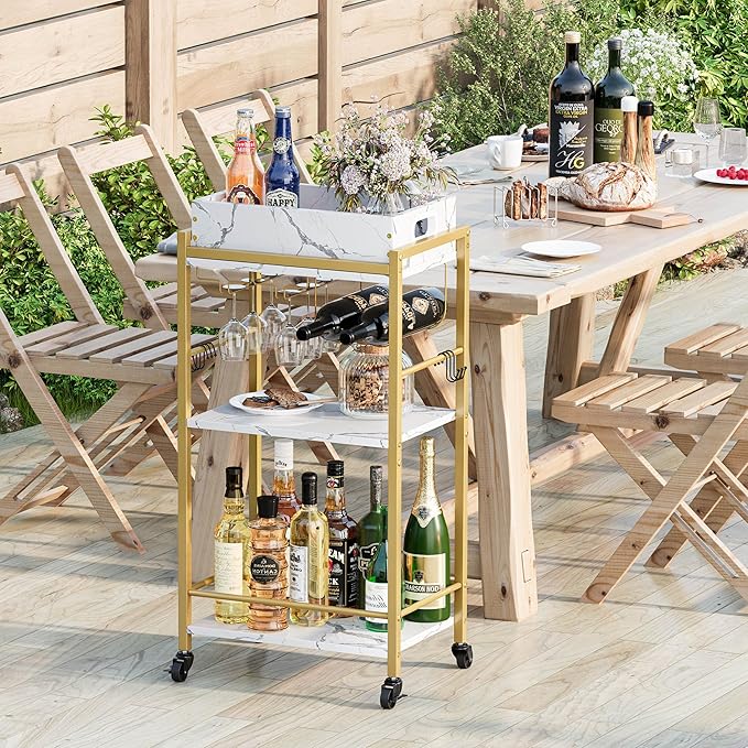 3-Tier Gold Bar Cart with Removable Tray, Small Bar Carts with Wheels, Rolling Beverage Cart, Drink Cart, Gold Wine Cart with Wine Rack for Kitchen, Living Room GBC513G