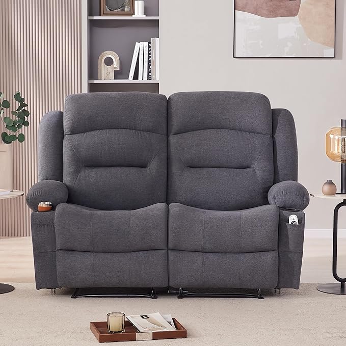 Oversized Recliner Loveseat with Heat and Massage, Wall-Hugger Reclining Sofa with Cup Holders and USB Port, Big Large 2-Seater Double RV Recliner Loveseat for Living Room (Fabric, Grey)
