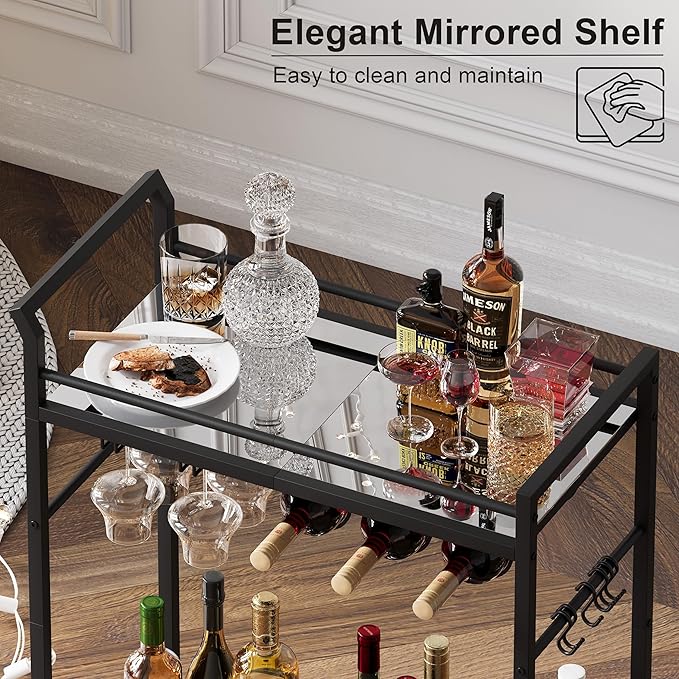 3 Tier Bar Cart, Small Beverage Cart, Mini Bar Cart with Wine Rack, Home Bar Serving Cart with Wheels for Kitchen Dining Living Room (Black, Mirrored)