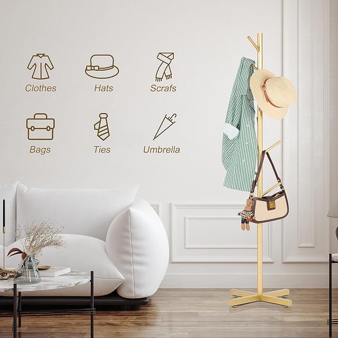 ZOZOE Metal Coat Rack Stand, Modern Coat Rack Freestanding with 8 Hooks, Coat Racks Easy to Assemble, Coat Tree Stand for Bags, Hats, Entryway, Office (Golden)