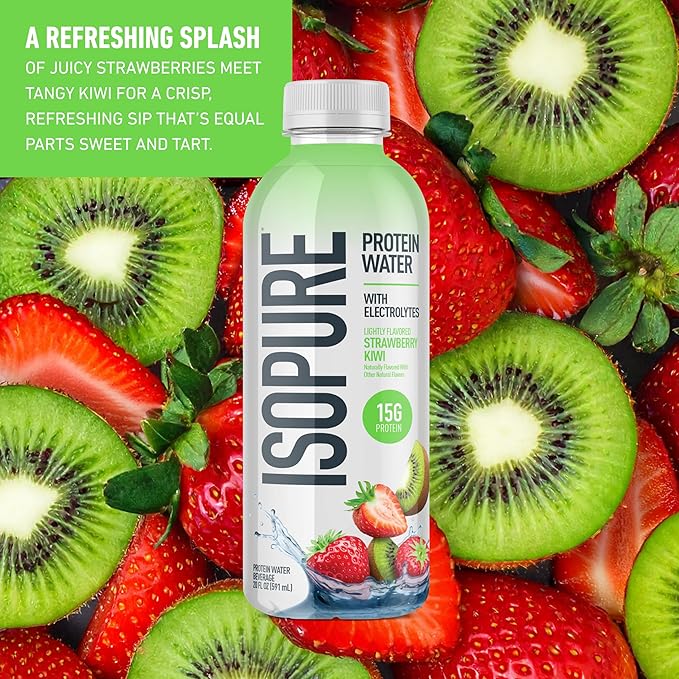 Isopure Clear Protein Water with Electrolytes, 15g Whey Protein Isolate, Zero Sugar, Strawberry Kiwi, 20 fl oz, 12-Pack