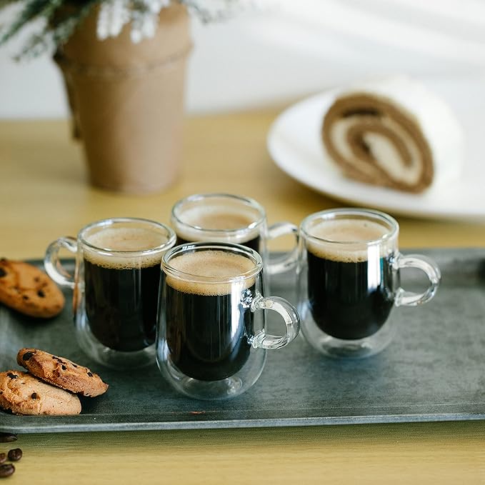 Brew To A Tea Glass Espresso Cups, Set of 4, 3 oz (90 ml), Double Wall, Insulated, Clear