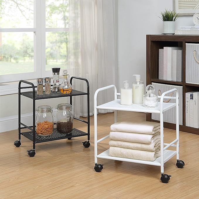 SunnyPoint 2-Tier Metal Rolling Utility Cart – Mobile Storage Shelf with Caster Wheels – Small Space Organizer for Home, Office, Bedroom, Kitchen (WHT) (Pack of 2)