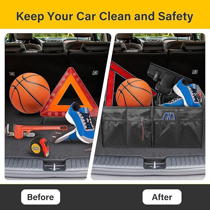 YSSOA Car Trunk Organizer, Collapsible 2 Compartment Non Slip Bottom, Waterproof Car Storage Box, 600D Oxford Polyester Sturdy Accessories for SUV, Mini-Van, 50L, Black