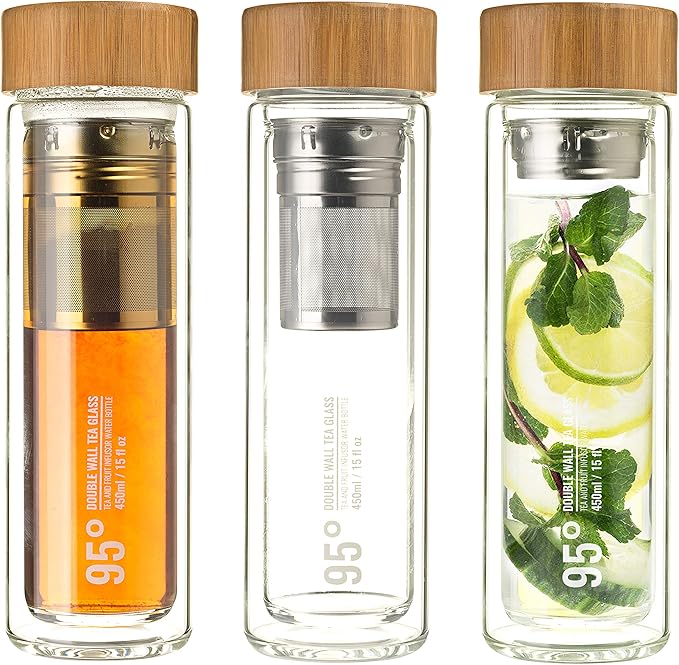 95° Double-Wall Glass Tea Bottle with Removable Stainless Steel Infuser - BPA and BPS Free, Insulated and Leakproof Travel Tumbler for Loose Leaf Tea, Coffee, Fruit - Eco-Friendly (15oz/450ml)