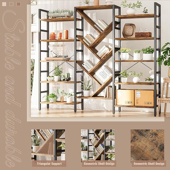 INNOD 70x70 Triple 5 Tier Book Shelf, Large Wooden Bookcase with 17 Open Display Shelf, Modern Tree Bookshelf Metal Frame Tall Book Case Furniture for Living Room Bedroom Home Office Rustic Brown