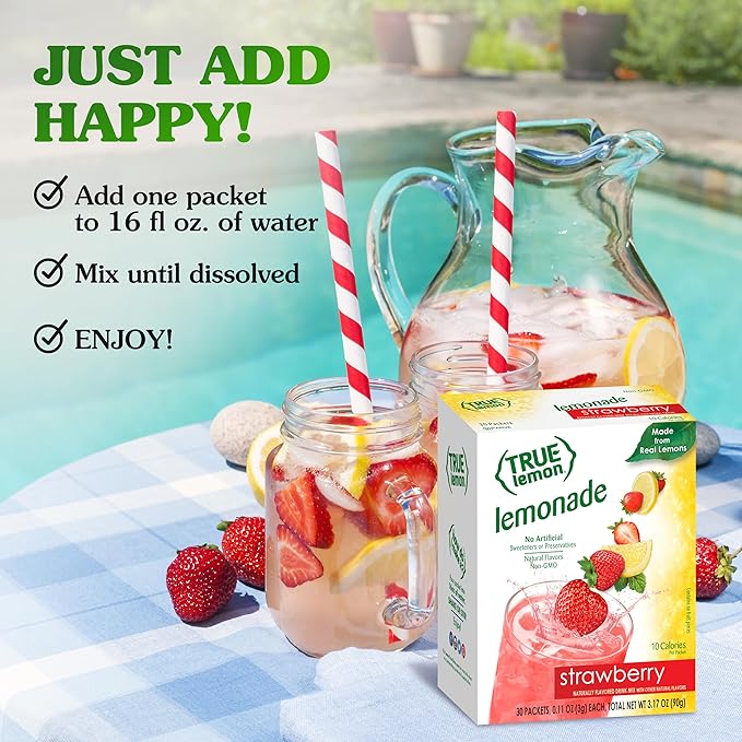 True Citrus True Lemon Strawberry Lemonade Water Enhancer Drink Mix, Low Calorie Drink for Water, Powdered & Flavors, Individual Drink Packets with Stevia, (30 Count) (Pack of 2)