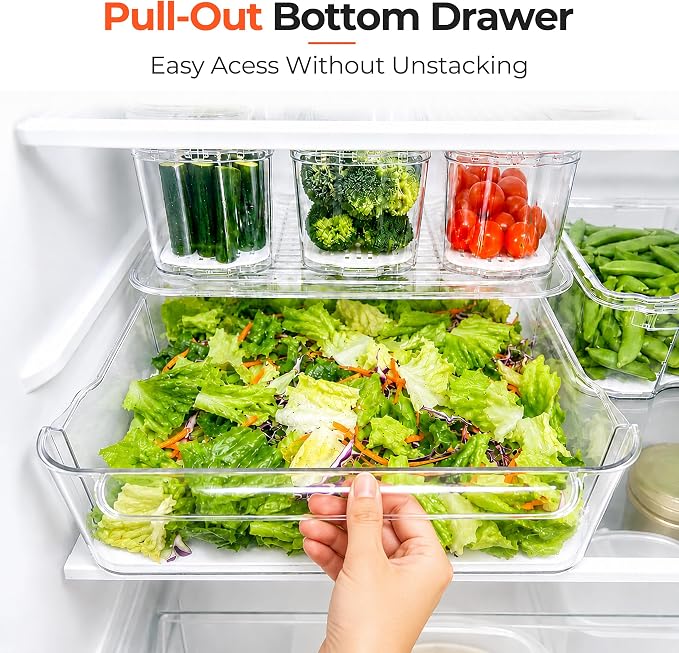 SMRCAD Fridge Organizers and Storage, 8 Pack Clear Freezer Organizer Bins with Lids for Kitchen, Pantry, Refrigerator, Food, Fruit, Vegetable Storage (8 Bins (Include Pull-out Drawer))