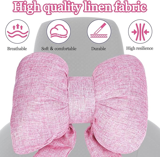 wuyaoyao Bow Car Headrest Pillow, Cute Bow Shape Car Neck Pillow, Soft Comfortable Automotive Seat Headrest Pillows for Driver, Universal Vehicle Neck Support Cushion for Sleeping Travel(Pink)