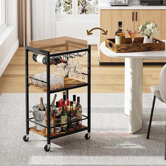 TUTOTAK Bar Cart with Removable Tray, Home Bar Serving Cart, Drink Cart, Mobile Kitchen Shelf with Wine Rack and Glass Holder, Rolling Beverage Cart for Living Room, Kitchen, Brown BC01BB036