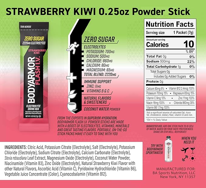 BODYARMOR Flash IV Electrolyte Packets,Strawberry Kiwi - Zero Sugar Drink Mix,Single Serve Packs,Coconut Water Powder,(Pack of 30)