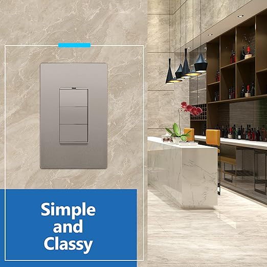 LIDER Minimalist Design Matte Finish Lighted Triple Switch, Combination Frameless Decorator Switch with Locator Light, Ground Terminal, Single Pole, 15A 120-277V, UL Listed, LCS3-1P-NK, Nickel