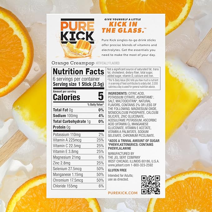 Pure Kick Hydration Singles To Go Drink Mix, Orange Creampop, Includes 12 Boxes with 6 Packets in each Box, 72 Total Packets