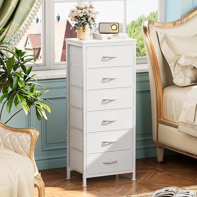 Huuger Tall Dresser for Bedroom, Stable 6 Drawer Dresser with Anti-Tip Device, PU Leather & Fabric Drawers, Tall Nightstand for Closet, Nursery, Storage Tower for College Dorm High Beds, White