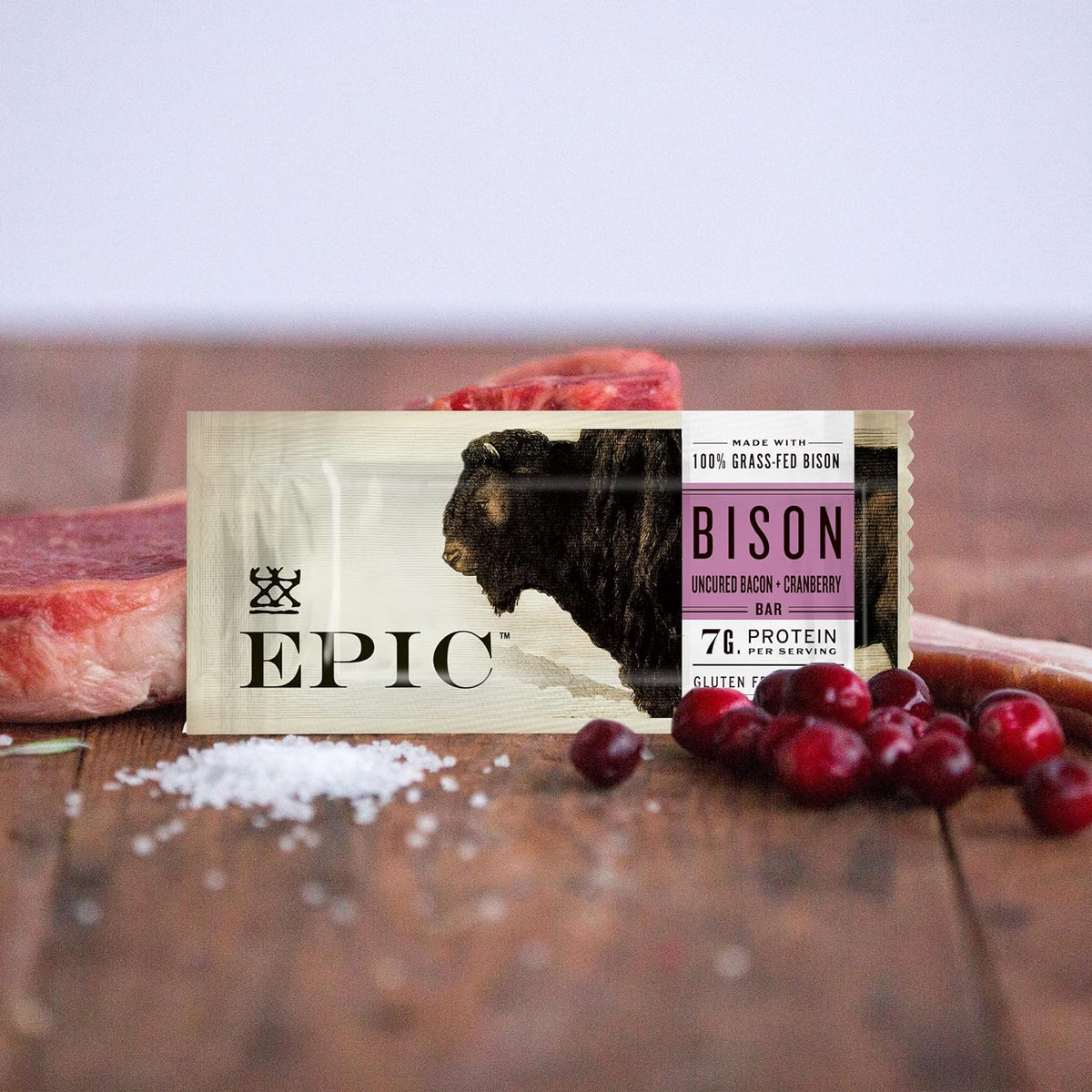 EPIC Bison Uncured Bacon and Cranberry Bars, Grass-Fed, Protein Bar, 12 Ct, 15.6 oz